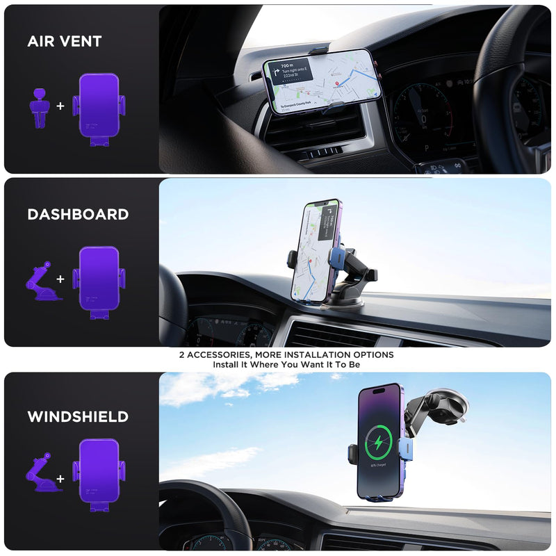 Wireless Car Charger,【7 Colored LED Backlit】15W Auto Clamping Car Charger Phone Mount Holder fit for iPhone 14 13 12 Mini Pro Max 11 XR XS X, Samsung Galaxy S23 Ultra S22 S21+ S10+ Note 20, etc - Blue