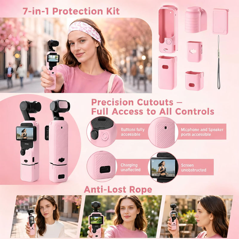 Silicone Protective Case Custom fit for DJI Osmo Pocket 3/Xtra Muse, Full Body Shockproof Cover with Lens/Screen/Mic Guards, Anti Scratch Soft Grip Skin, Slim Lightweight Accessories for Pocket 3 Jelly Pink