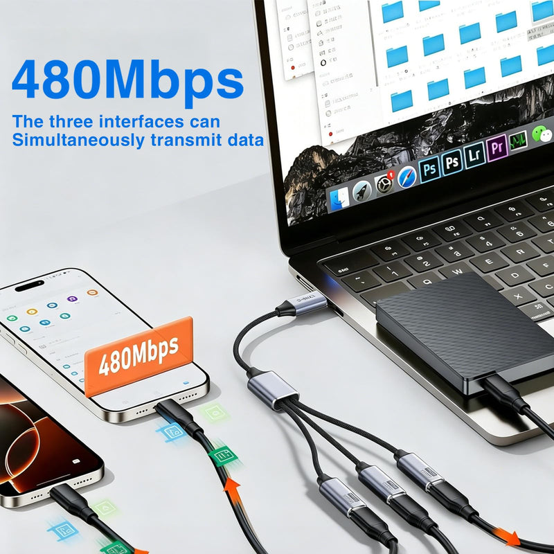 Poyiccot USB C Splitter 1 in 3 Out, Multi USB C Splitter Y Cable, Type C Male to 3 Female Nylon Braided Power Charging and Data Transfer Cable for PC, Laptop, Mac, Flash Drive, Keyboard, Mouse, 25cm