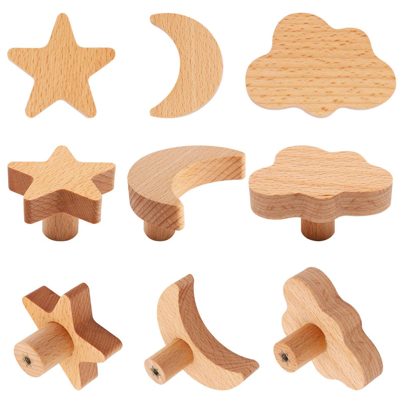 18pcs Wooden Cabinet Knobs, Star and Moon Shape Drawer Pulls Nursery Dresser Knobs Woodland Wooden Knob for Crafts Handles for Furniture Cupboard Closet Door (Moon Star Cloud) 18 Moon/Star/Cloud