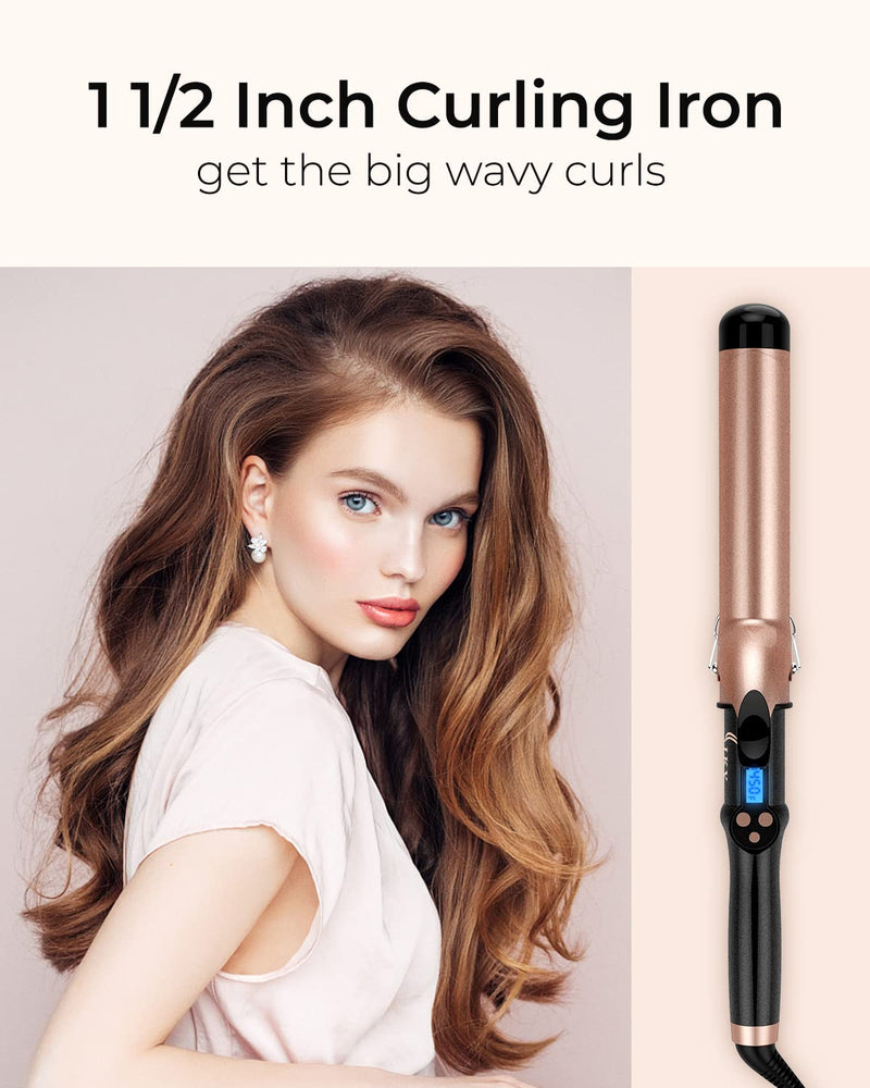 38mm Large Curling Tong Extra Long Barrel,110-210°C, Big Curls | 100-240V Dual Voltage Curling Iron For Travel，Large Curling Wand 38mm for Long Hair,Ceramic Tourmaline,Auto Shut Off