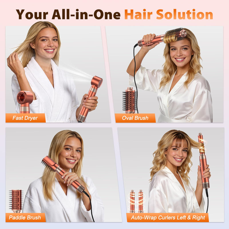 5 in 1 Blow Dryer Brush Set, Upgrade Hair Dryer & Blow Dryer Brush & Air Curling Wrap & Paddle Brush, Detachable Hot Air Styling Tools, High Speed Travel Hair Volumizer Straightener Curler Amber Gold | Upgrade Hair Dryer & Blow Dryer Brush & Air Curlin...