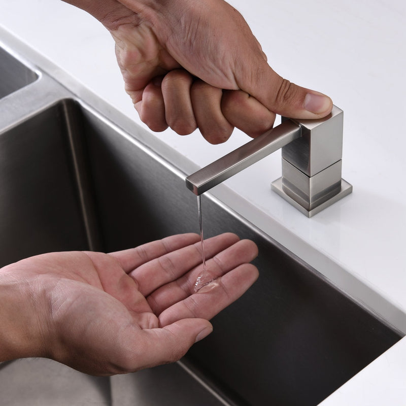 Soap Dispenser, Contemporary Design Kitchen Sink Countertop Soap Dispenser, Built in Square Pump Brushed Nickel With Bottle
