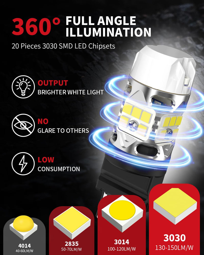 LASFIT T3 3157 LED Bulb for Reverse lights Built In Resistor Canbus Ready 4114 3156 3057 4157 4057 3457 LED White Bulb for Backup Tail Parking Brake Daytime Running Light Side Marker Turn Signal(2pcs)