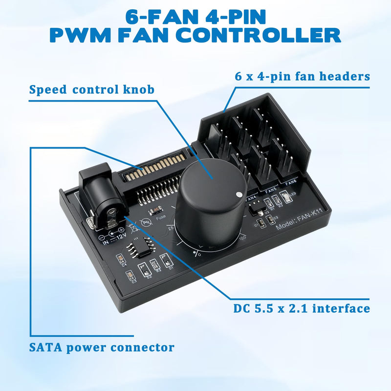12V 4-Pin PWM Fan Controller, 6 Fans Supported, PC Fan Adapter Hub Adjustable Speed Knob Power Supplied with SATA DC for Fans Cooling