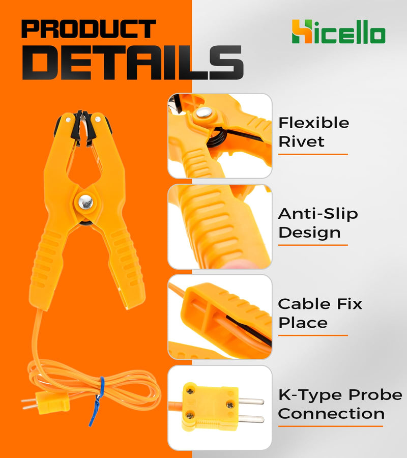 2 PCS K-Type Thermocouple Sensor Thermometer Lead Probe Pipe Clamp Jaw Clip Plumbing Clamp for Fieldpiece Gauges HVAC & Plumbing (-40°F to 392°F) Yellow Ht 05 K Type 2 * Clamps