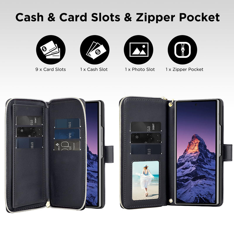 for Samsung Galaxy-Z-Fold-8-Ultra Wallet Case: with RFID Blocking Card Slots (9 Cards) | Soft PU Leather Magnetic Snap Zipper Pocket | Crossbody Wrist Strap Phone Cover - Black