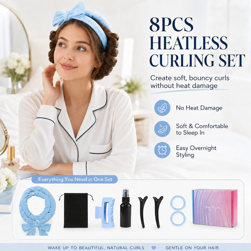  [AUSTRALIA] - 8Pcs Heatless Curlers Set, Hair Rollers with Clips, Heatless Curling Rods, No Heat Hair Curlers for Overnight Blowout rods, Heatless Curls for Long and Short Hair (blue) Blue 1 count (Pack of 1)
