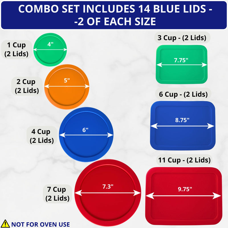 1, 2, 4 & 7 Cup Round & 3, 6, 11 Cup Rectangle Replacement Lids/Covers for Pyrex, Anchor Hocking & KlareWare Storage Bowls *Lids Only -Glass Container Not Included*, 14 Pack *2 of Each Size* Green, Orange, Blue, Red, Green, Blue, Red