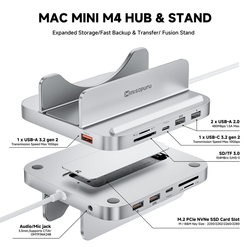 Minisopuru iExpandMate MINI218B PRO Mac mini M4 Dock & Stand with M.2 NVMe SSD Enclosure, 10Gbps USB C/A, TF& SD, 2X USB A 2.0, Audio Jack, 8 in 1 Mac mini Hub for M4/M4 Pro 2024