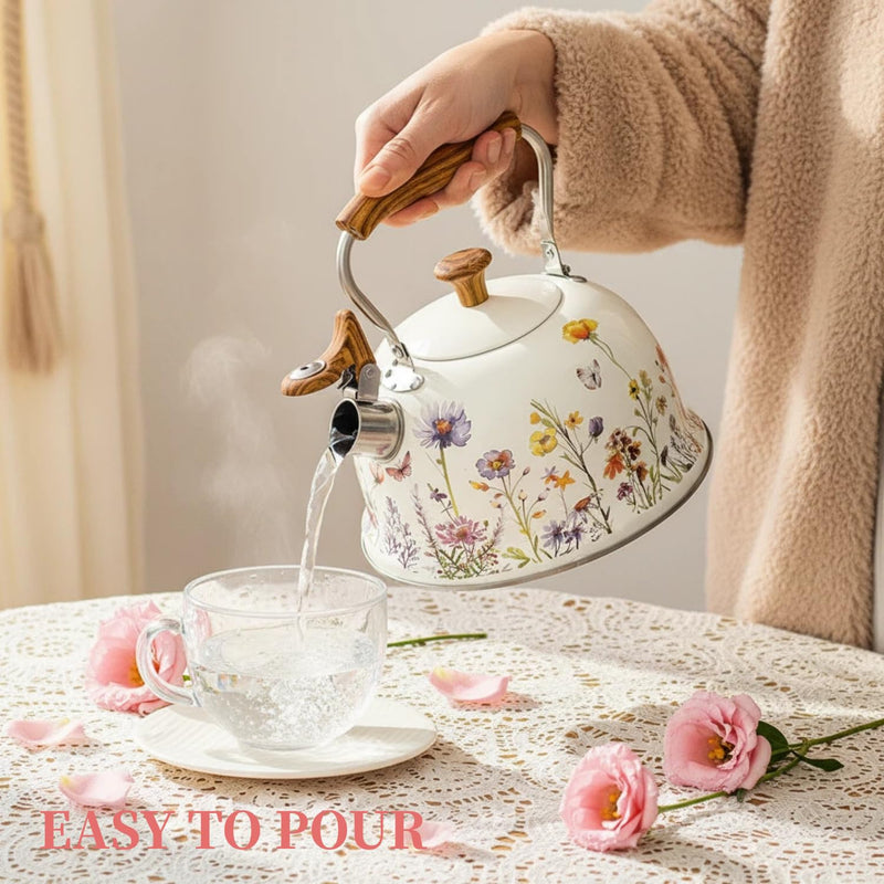 Tea Kettle for Stove Top, 2.7 Quart Whistling Kettle with Floral Pattern for Boiling Water Coffee or Milk, Stainless Steel Tea Pots with Wood Pattern Folding Handle, Work for All Stovetops White and Purple