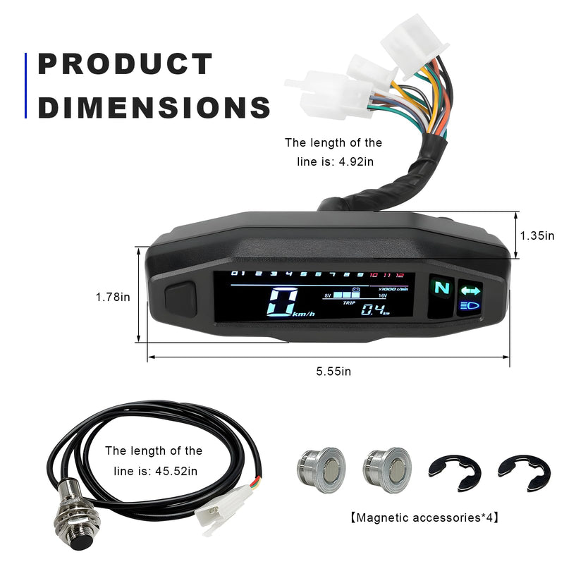 JINXl Motorcycle Speedometer, 6 Gear 12000 RPM Digital Speed Gauge with Mini LCD Screen, Waterproof Gauge Cluster Tachometer Odometer Oil Level Meter for Small Engine Motorcycles