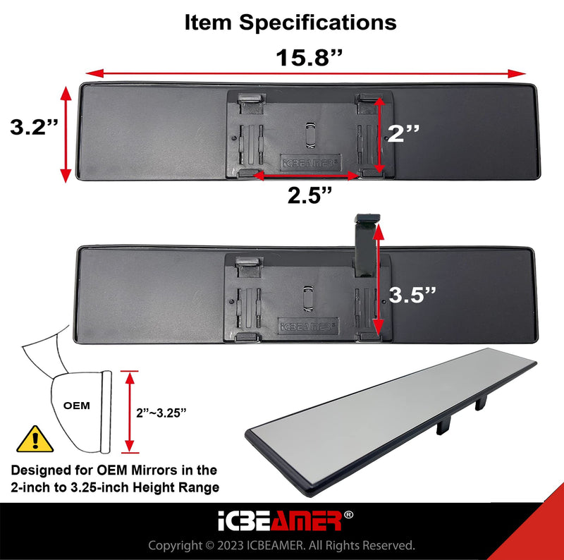 15.8" ICBEAMER Clip On Rear View Mirror | Flat Clear Tint Glass, Panoramic Wide Angle HD Glass, Anti Glare, Universal Fit for Car, SUV, Truck | Eliminates Blind Spots (1 Pack) 15.8"- Flat