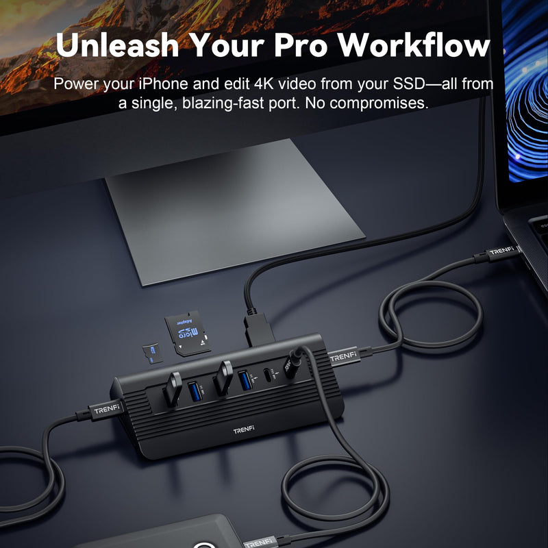 10-in-1 USB C Hub with Detachable Cable, 10Gbps USB 3.2 Gen 2 Hub with 4K 60Hz HDMI, 100W Power Delivery & SD/TF Reader | Powered Docking Station for MacBook Pro/Air M4 M3, Mac mini (Midnight) Midnight