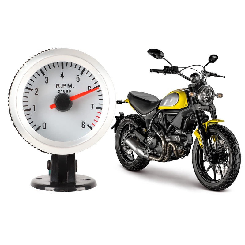 Pointer Tachometer,2in 52mm LED Tachometer Red Pointer White Dial Backlight for 1 4 6 8 Cylinder Gasoline Vehicles