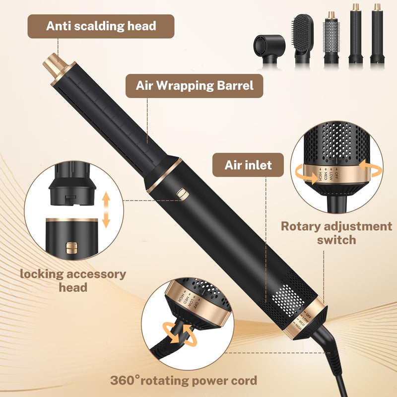 Hair Styler 5 in 1 Airbrush Set Multi-Blow Hair Dryer Brush | Magic Styler with Curl,Straighten,Wavy,Smooth and 3 Temperature for Volume,Curls,Smooth,Straighten,Dry& Style,Gifts for Women