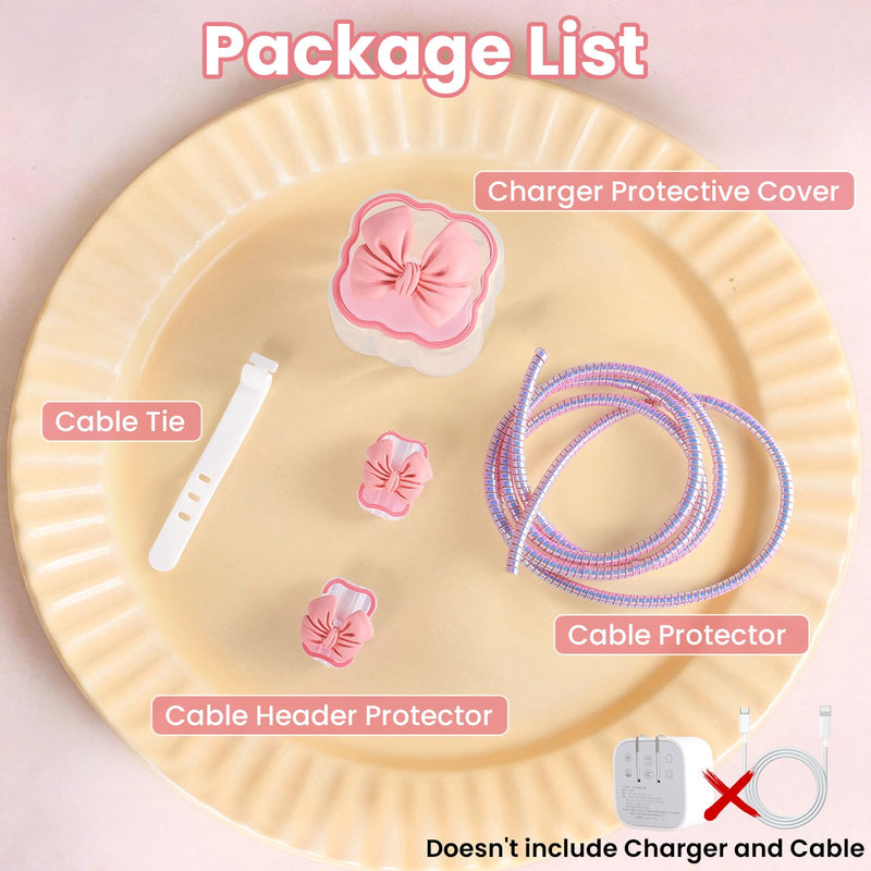 LONGFITE Charger Case Cover Compatible with iPhone 40W USB-C Adapter, Cute Pink Bowknot Charger Cable Protector Accessories Set for iPhone 17/16/15 Pro/Max,MacBook Air 13/13.6/15