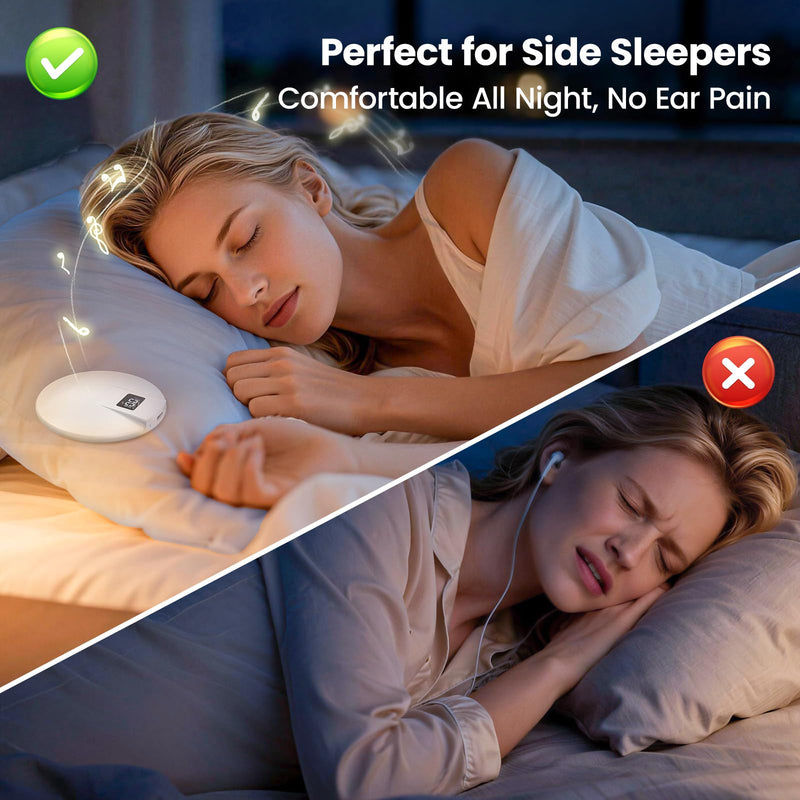 Bone Conduction Under Pillow Sleep Bluetooth Speaker for Side Sleepers, Bluetooth 6.0 Wireless Speaker with Digital Display Portable Player for Sleep Music White Noise Audiobooks (White)