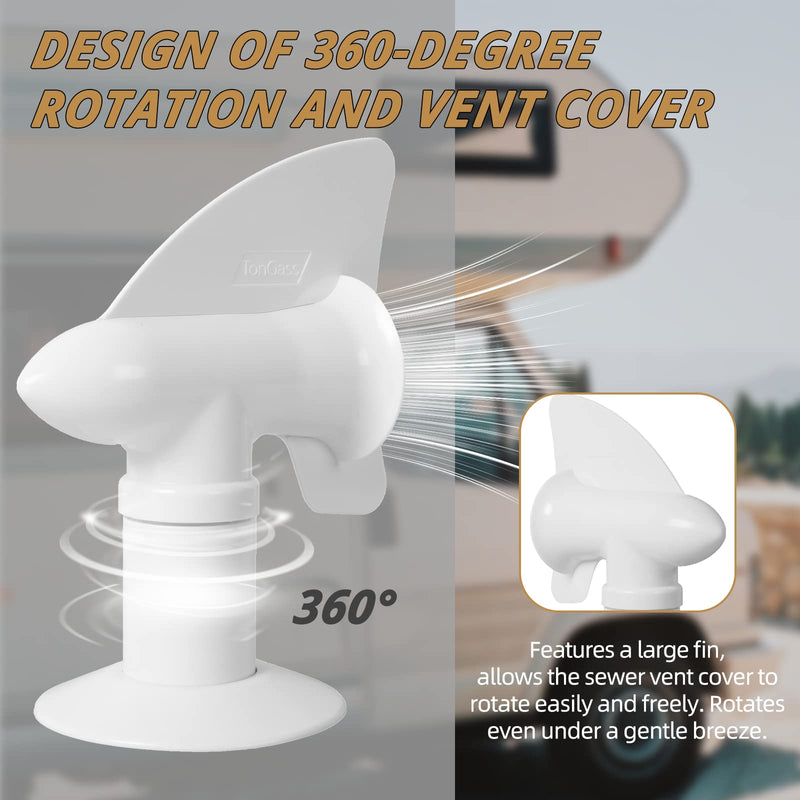TonGass (1-Pack, White RV Rotating Sewer Plumbing Vent Cover for RV Rotating Holding Tank Vent Wind-Powered Cover Draws Holding Tank Odors Out - Rotates 360 Degrees - Includes Mounting Hardware 1