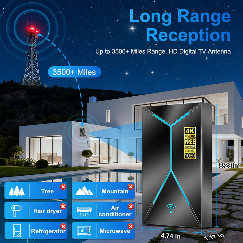 TV Antenna Indoor for Smart TV, Digital Antenna for Local Channels | 2026 Upgraded TV Antenna Indoor Outdoor, 3500+ Miles Long Range HDTV with Signal Booster, Supports 4K 8K 1080p Local Channels black Compact