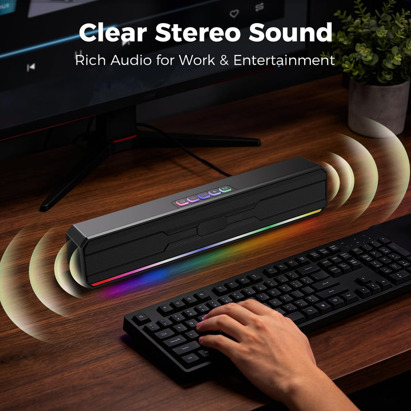 1Mii DeskRoar GT10 Computer Speakers for Desktop PC, Bluetooth 6.0 & USB | Clear Stereo Sound, 7 RGB Modes, Easy Button Controls, USB-C/USB-A for PCs & Laptops, Ideal for Work, Music