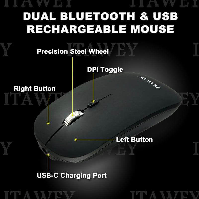 Wireless Mouse and Pad Combo, Dual Mode Bluetooth 5.2 and USB Receiver 2.4G, Rechargeable, Quiet Clicks, Compact, 1600 DPI High Precision Steel Scroll Wheel for PC Laptop Tablet - Black