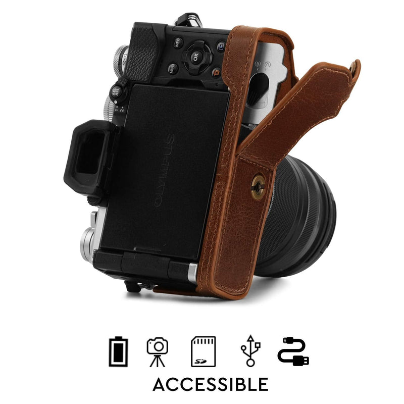 MegaGear MG1865 Ever Ready Genuine Leather Camera Half Case Compatible with Olympus OM-D E-M5 Mark III - Brown