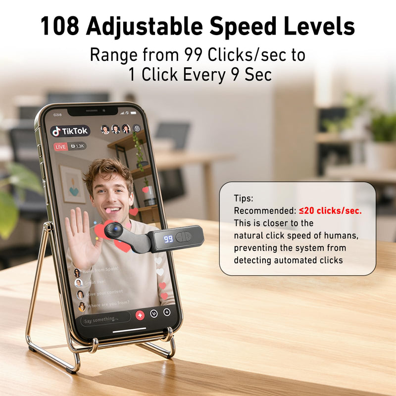 Auto Clicker for iPhone,Wireless Rechargeable Screen Tapper for TikTok | Compatible with iPad&Android, 8-12h Battery Life, 107 Adjustable Speeds for Live Streams, Likes, Gaming & Social Media Tasks 2 Pack Black