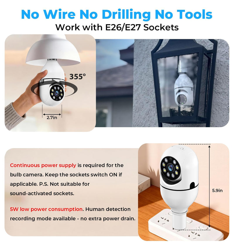 Light Bulb Security Camera Outdoor, 2K 5GHz & 2.4GHz WiFi Bulb Cameras for Home Security, 360° PTZ Wireless Cam with AI Human Detection, Color Night Vision, 2-Way Talk, Screw-in Light Socket 2pack 3MP