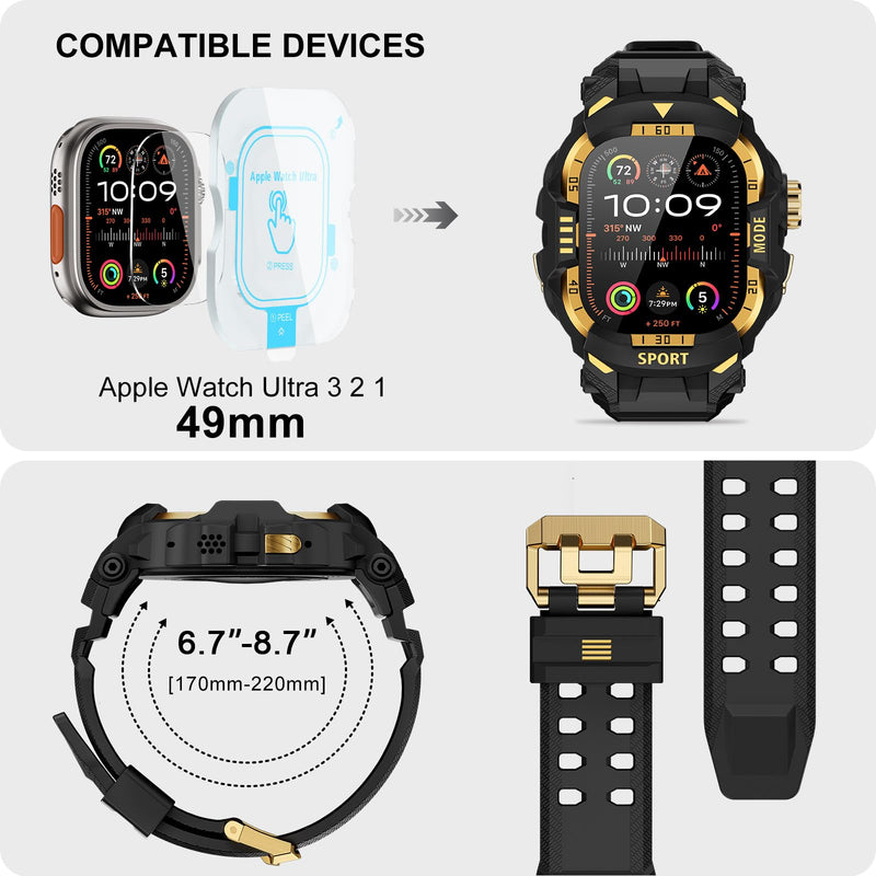 DABAOZA Rugged Case with Band Men Tactical Compatible with Apple Watch 49mm | Screen Protector Military Grade Shockproof Bumper Men Tactical Heavy Duty Strap,for iWatch Ultra 3/2/1,Black Gold 49MM Black/Gold