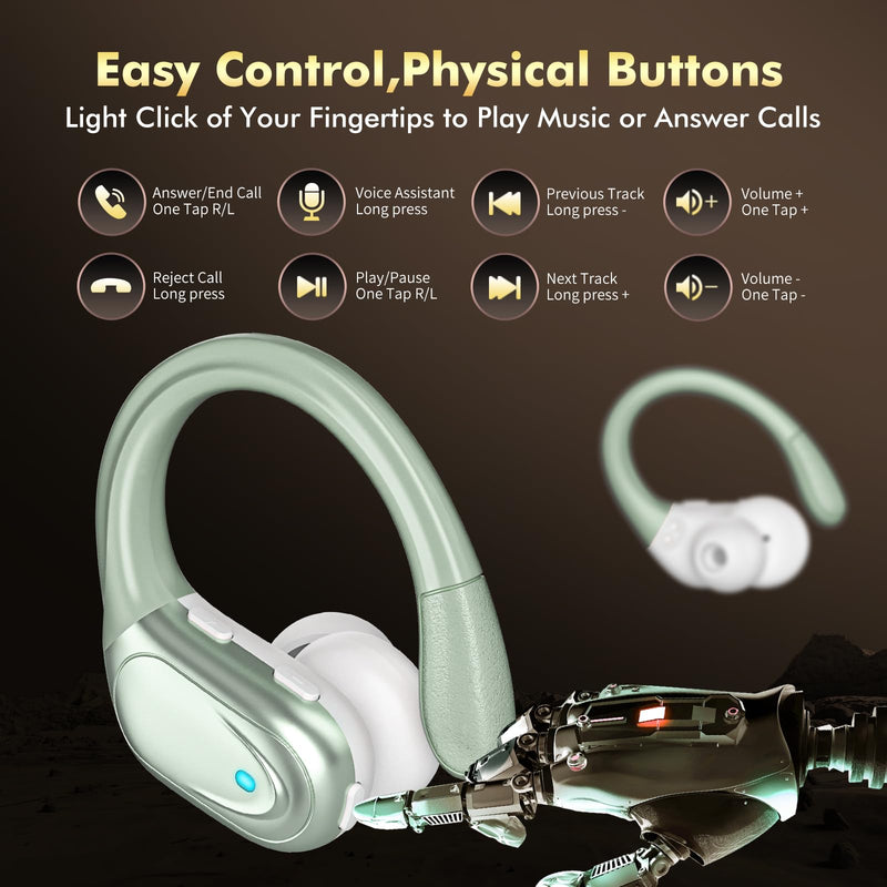 HAOYUYAN Wireless Earbuds, Sports Bluetooth Headphones, 80Hrs Playtime Ear Buds with LED Power Display, Noise Canceling Headset, IPX7 Waterproof Earphones for Workout/Running（Light Green）