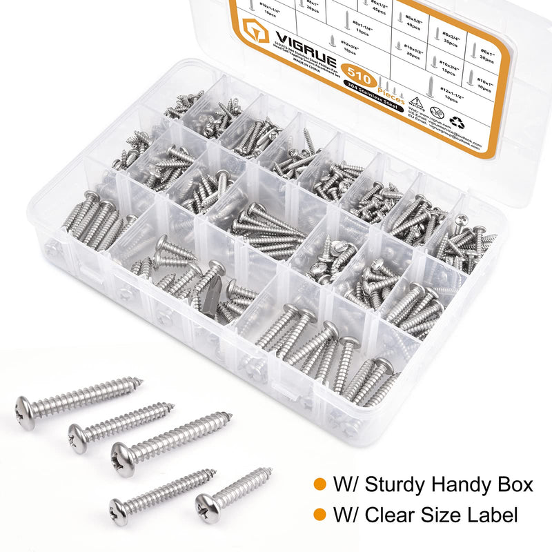 VIGRUE 510Pcs Stainless Steel Wood Screws Assortment Kit, #4#6#8#10#12 Phillips Pan Head Sheet Metal Screws Self Tapping Screws Set,Length 3/8" to 1-1/2" 510Pcs Pan Head #4#6#8#10#12