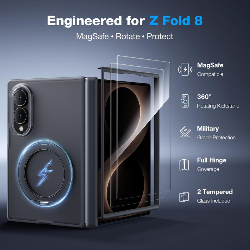 WSKEN Magnetic Case for Samsung Galaxy Z Fold 8-360° Ring Stand Black | MagSafe Compatible, Slim Matte Finish, N52 Magnetic Hold, Daily Drop Protection, Includes 2 X HD Screen Protectors