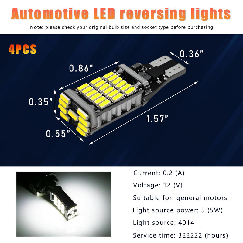4 PCS LED Reverse Lights, T15 4014 45SMD Back Up Light Turn Signal Bulb, 6500K Super Bright Stop Light Bulbs Brake Lights for Cars Trucks RVs, Universal Car Accessories (White) White