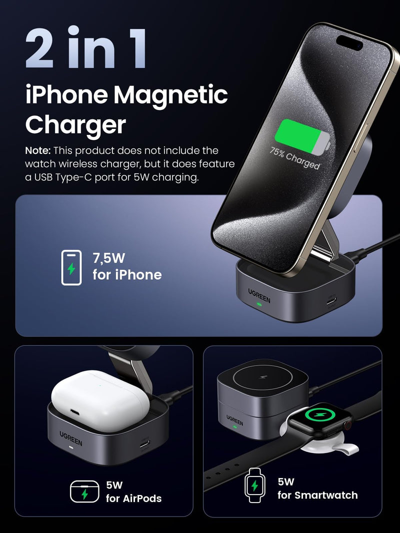 UGREEN Magnetic Foldable Charging Station, 2-in-1 Fast Wireless Charger Compatible with iPhone 15 14 13 12, Airpods3 2 Pro (No AC Adapter)