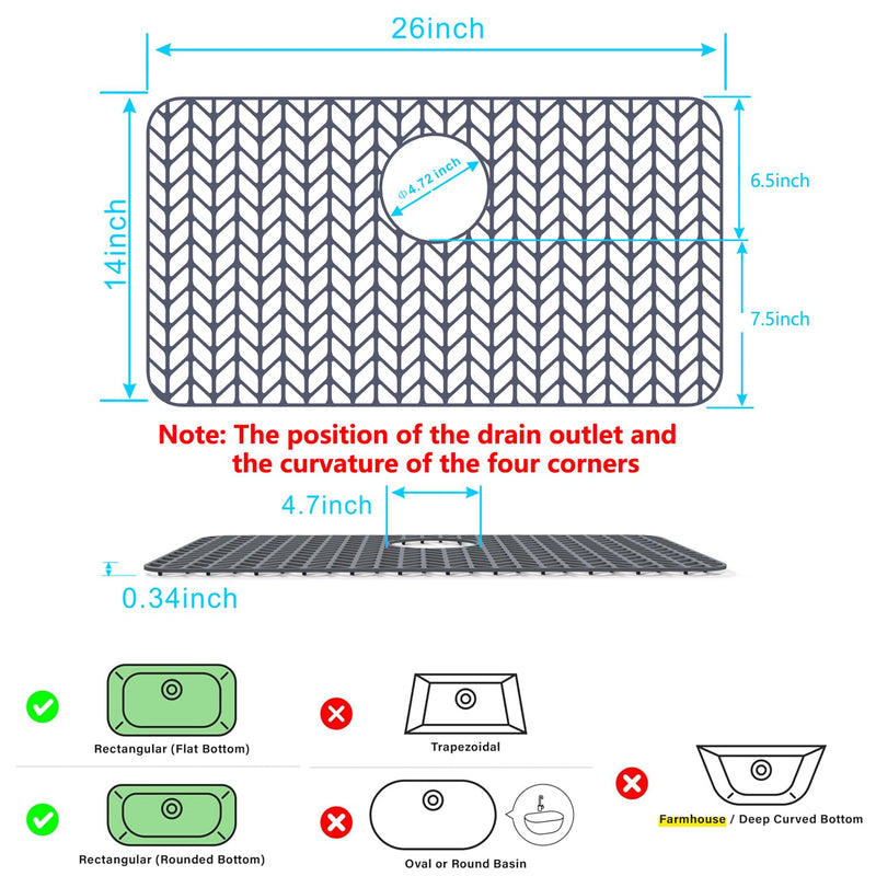 Sink Protectors for Kitchen Sink 26"x 14"Rear Silicone Sink Mat | Various sizes and styles,Protector for sinks and dish,Withstand to 500F,Food-grade silicone .Non-slip and raised feet 26"x14" Rear Gray