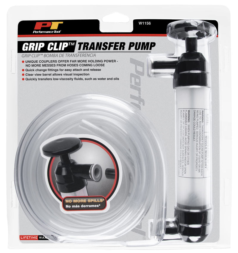 Performance Tool W1156 Grip Clip Transfer Pump/ Siphon Fluid Transfer Pump Kit for Water, Oil, Liquid, and Air, Black/Clear, 48-inch Hoses Multi-Use Transfer Pump (Grip Clip)