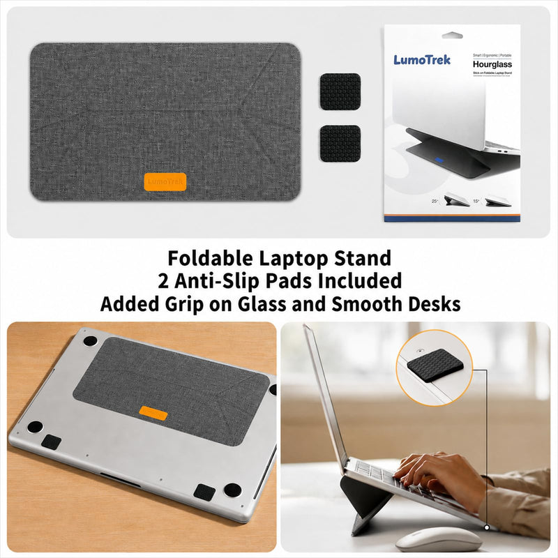 Adhesive Laptop Stand for Desk, Foldable Dual-Angle, 13–14 in | 0.1 in thin, 15°/25° dual-angle support, reusable adhesive, up to 11 lb, with 2 anti-slip pads