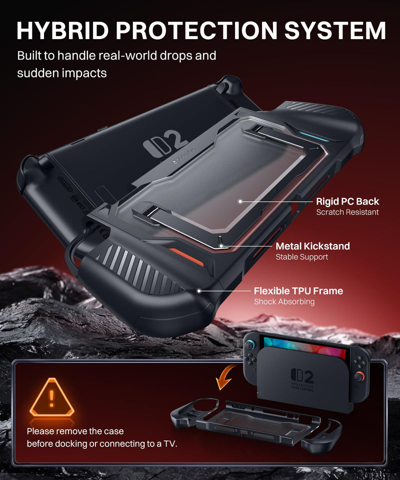GolbinBox Hard Shell Case for Nintendo Switch 2 with Kickstand, Black | Magnetic split design, aluminum stand, military-grade protection, detachable Joy-Con covers, for travel and commuting