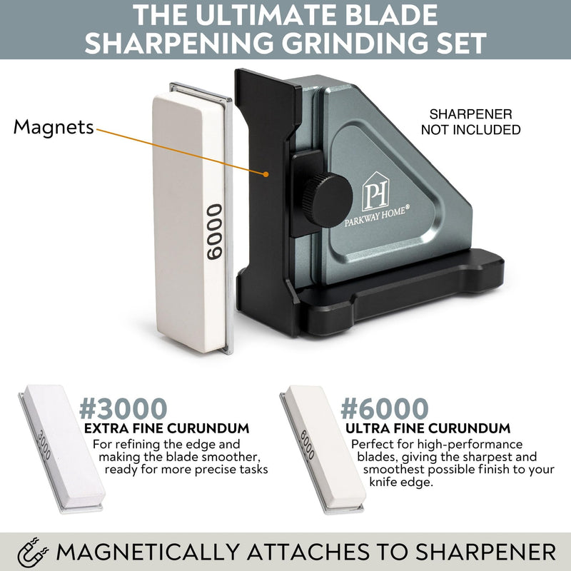 3000 & 6000 Grit Whetstone Plates Set – Extra Fine Corundum Sharpening Stones – Includes Leather Strop & Cleaning Eraser - Compatible Only with Parkway Home Adjustable Rolling Knife Sharpener #3000, #6000 & Leather Strop