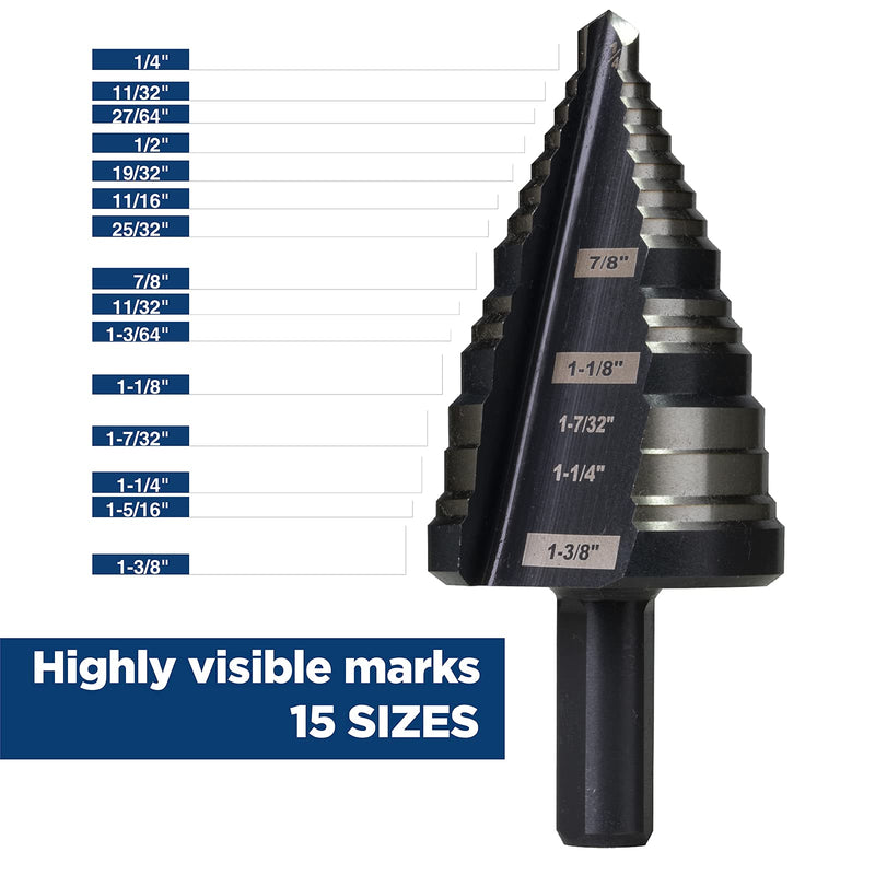 1/4 to 1-3/8 Inches M2 HSS Step Drill Bit for Metal, Plastic, Wood, Aluminum, Heavy Duty Unibit with Multi Hole Sizes 1/4" to 1-3/8"