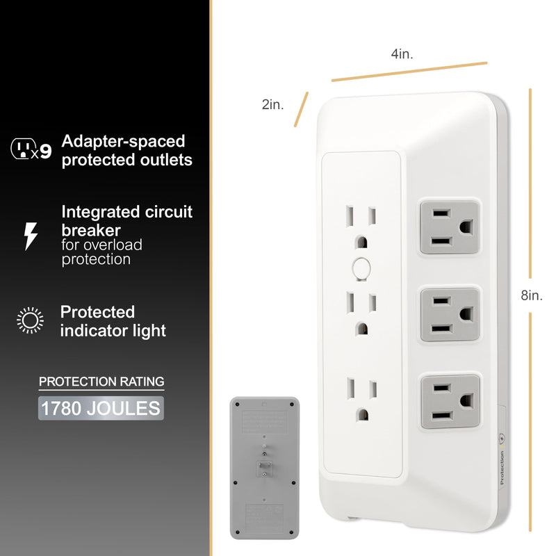 GE 9-Outlet Surge Tap, Outlet Extender, Wall Tap, Adapter Spaced, for Home, School, and Office,1780J, White/Gray - 73628 9 Outlet