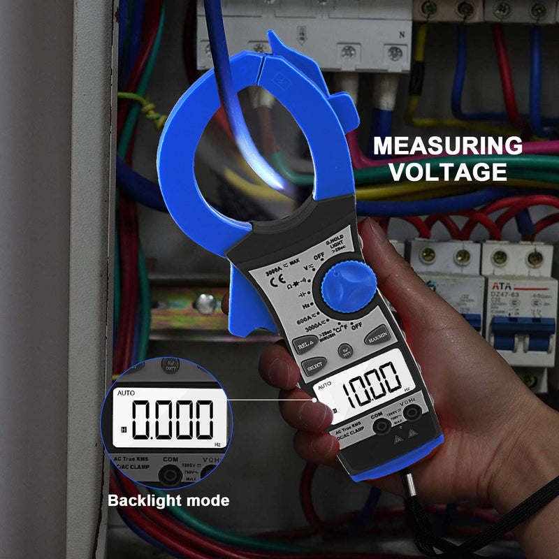 Digital Clamp Meter 3000A Amp Meter, BTMETER Auto Ranging Multimeter True-RMS Measure AC/DC Current Voltage Frequency Resistance Capacitance Temperature, Electrical Tester BT-860N Blue