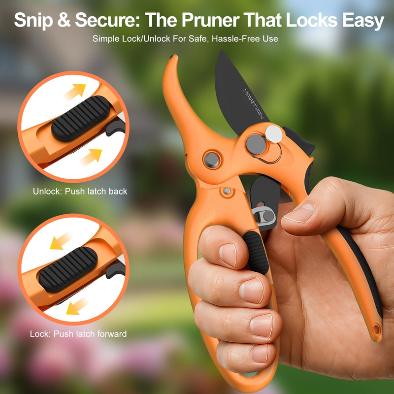 8" Handheld Pruning Shears, Heavy-Duty Stainless Steel Garden Clippers | hand pruners for gardening, anvil pruning shears, sharp kitchen scissors, garden clippers heavy duty Orange& Black 8"