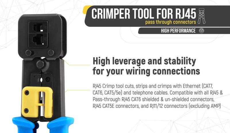 Everest Media Solutions RJ45 Crimp Tool Kit, with 50 Cat6 Pass Through Connectors and 50 Strain Relief Boots + Extra Blades - EZ Cut, Strip, Crimp Ethernet Cables - Professional Network Crimping Tool w/ Cat6 Plugs & Boots