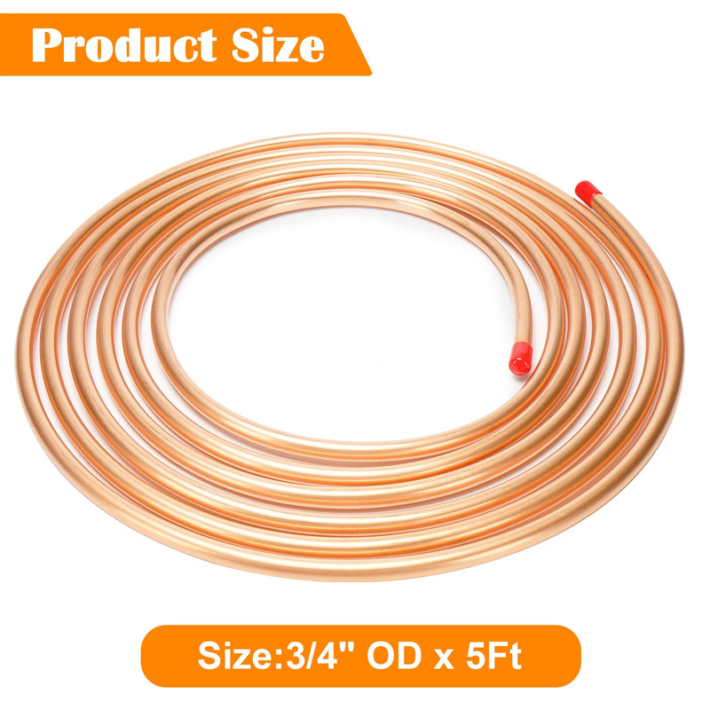 3/4" OD x 5 Ft Copper Tubing, 99.9% C12200 ASTM B280, T2 Pure Copper Tube, Refrigeration ACR Tubing, HVAC, Refrigerators, Industry, DIY 3/4" OD