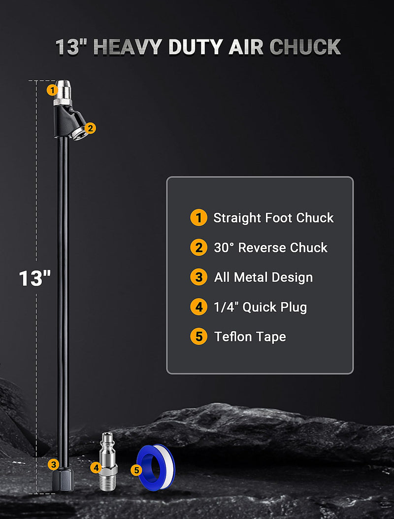 13'' Dual Head Air Chuck Set, Heavy Duty Extended Reach Tire Chuck w/Quick Plug for Semi Tire Inflation, 1/4" FNPT Straight Lock On Tire Inflate Chuck for Air Compressor Semi Truck RV Dually Tires Zinc Alloy