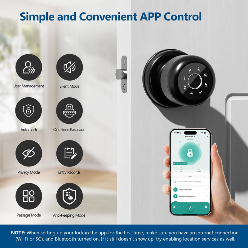 Smart Fingerprint Door Lock, 4 in 1 Smart Fingerprint Door Knob with Keypad, App Control, Auto Lock, Biometric Door Knob with Lock for Bedroom, Apartment, Garage, Home & Office Elegant Black