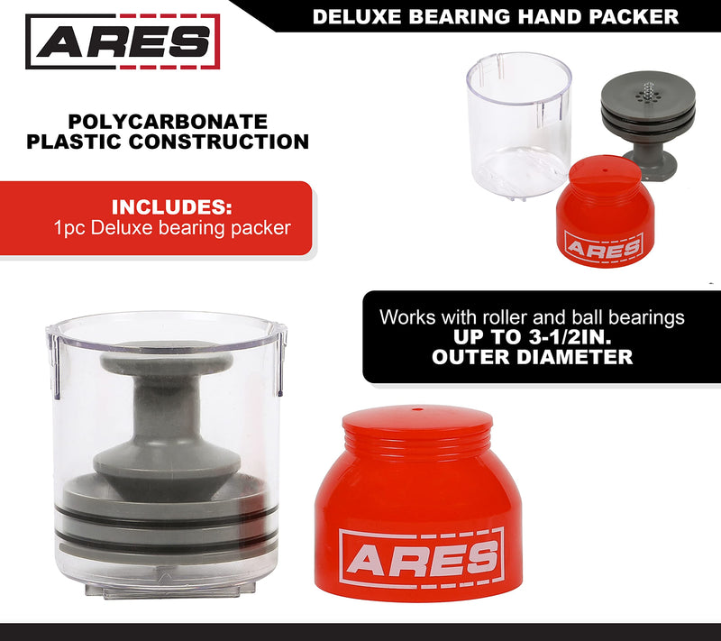 ARES 54035 – Deluxe Bearing Packer – Quickly and Easily Flushes Old Grease and Repacks Wheel Bearing – Fill with Grease Gun or by Hand – Durable Polycarbonate Construction