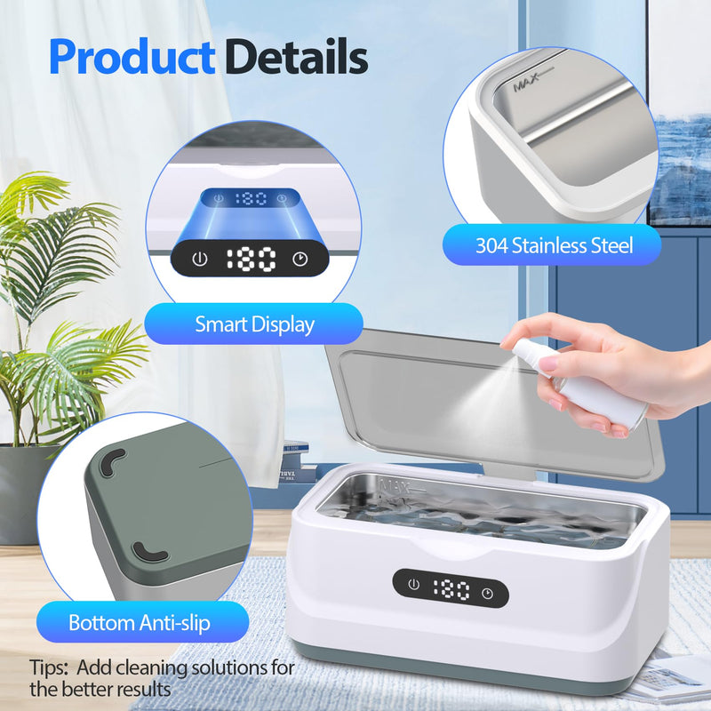 Ultrasonic Jewelry Cleaner: 48Khz Ring Cleaner Ultrasonic Machine with Digital Timer, 4 Cleaning Modes, 24W Sonic Cleaner for Jewelry, Glasses, Retainer, Watch Strap, Home & Travel Use, 13.5oz White